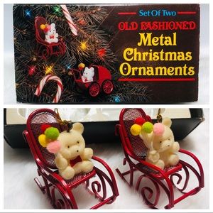Vtg ‘86 Old Fashioned Red Metal Christmas Ornaments Flocked Bears Rocking Chairs